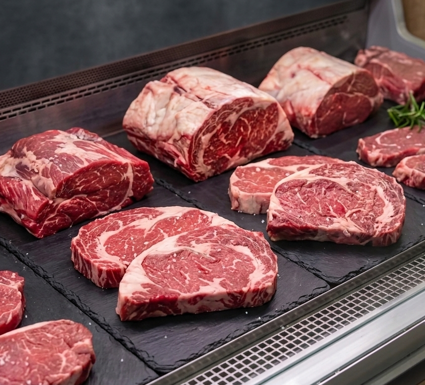 Mostrador con carne roja fresca